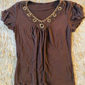 Cute Sequin Brown Short Sleeve Top